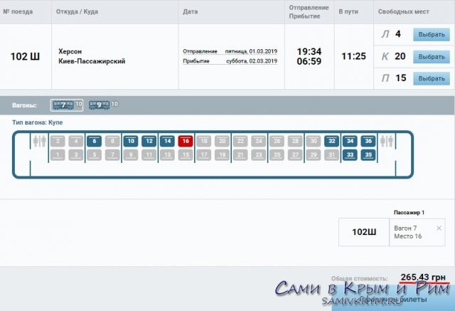 Стоимость билета на поезд Херсон-Киев