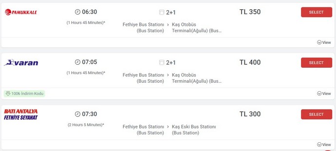 Автобусы из Фетхие на Капуташ